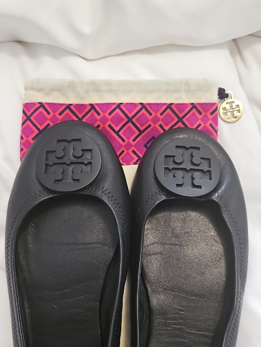 Tory Burch Black Leather Logo Ballet Flats with Pink Patterned Pouch